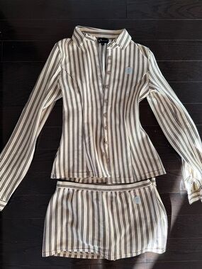 WAYDAMIN Ribbed Striped Button Down & Mini Skort Set-Cream/Black(Vanilla)-Size S